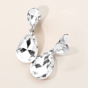 Silver Dangle Crystal Clip On Earrings 2 Inches Double Tear Drop ClipOns Jewelry